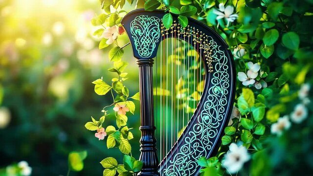 Enchanting celtic harp surrounded by lush greenery and blossoms. Happy St. Patrick's Day. Saint Patrick