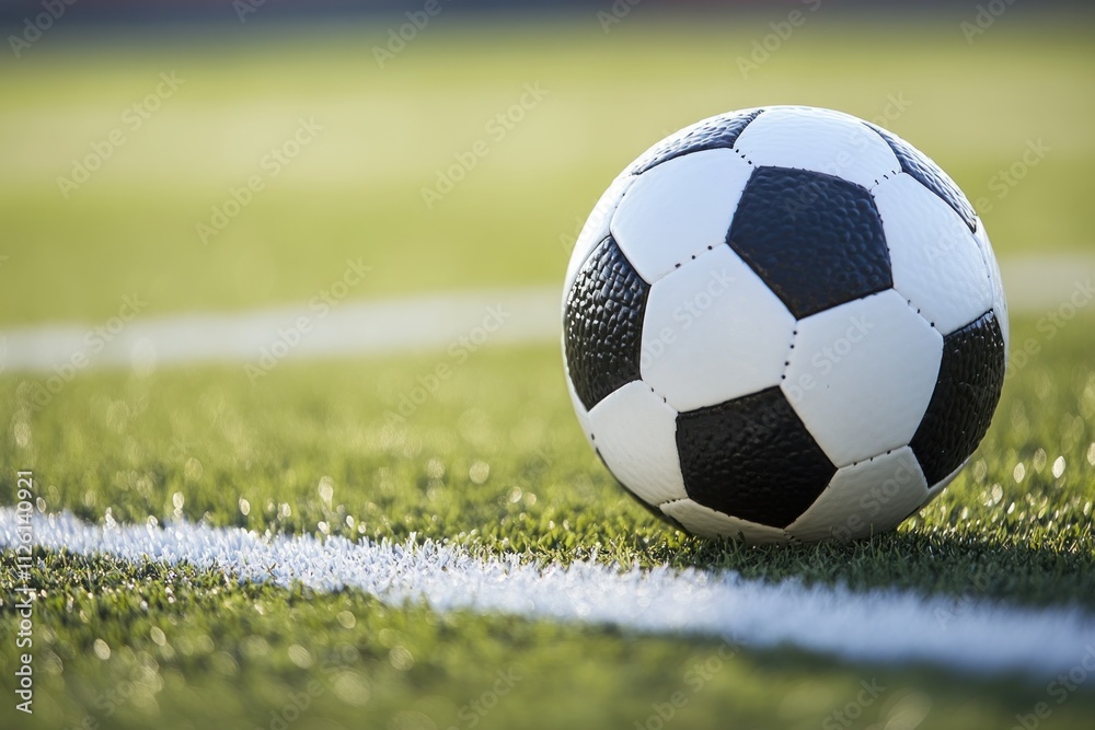 Poster a close-up of a soccer ball resting on a grassy field near white boundary lines.