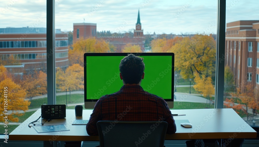Aufkleber A person sits at a desk facing a computer screen with a green background and a scenic view.