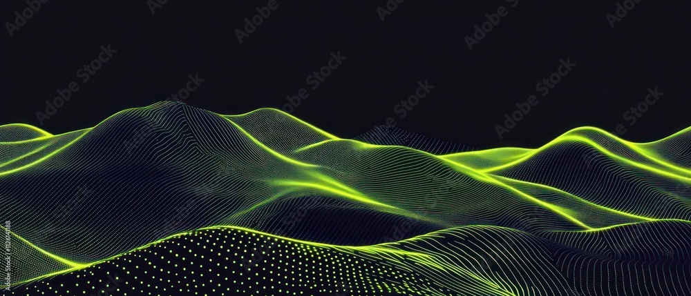 Poster abstract digital landscape with flowing lines and dots in vibrant green against a dark background.