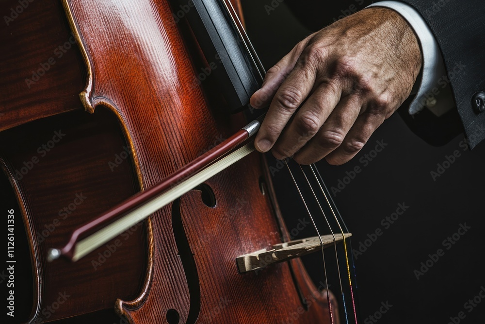 Poster a close-up of a hand playing a cello, showcasing the instrument and bow technique.