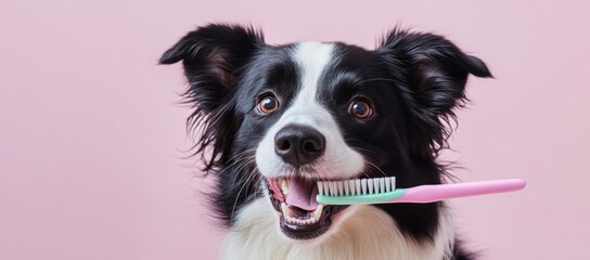 A dog holding a toothbrush in its mouth, promoting dental care for pets.