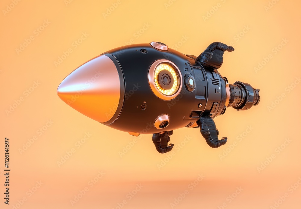 Poster a futuristic rocket design with a sleek body and glowing elements, suggesting advanced technology.