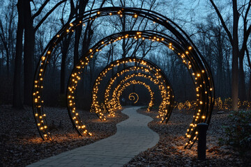 Illuminated Archway Path with String Lights in a Winter Forest