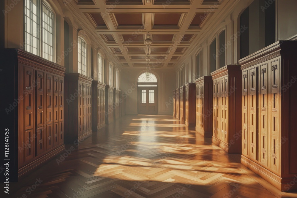 Poster a serene hallway with wooden lockers and soft light filtering through large windows.