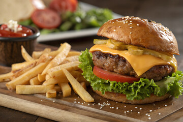 Meal of hamburger and french fries