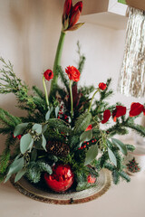 Christmas luxury bouquet on ligfht background, eucalyptus and amaryllis needles