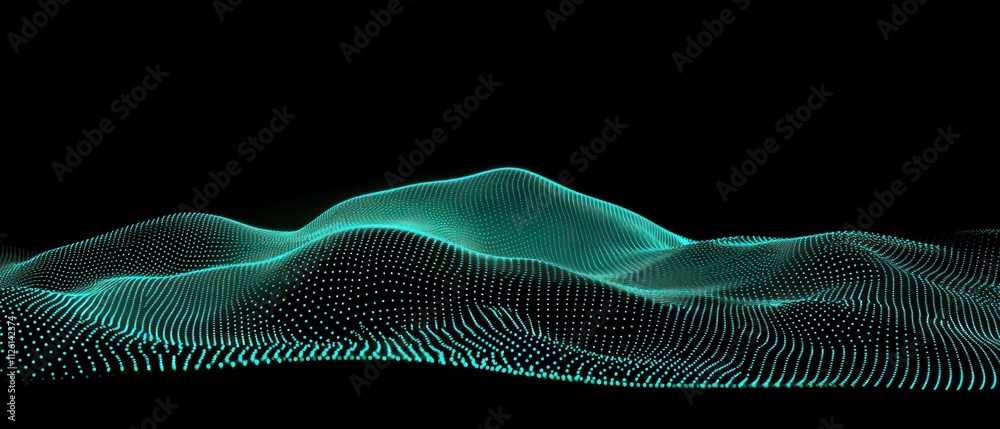 Poster abstract digital landscape with glowing waves and dots on a black background.