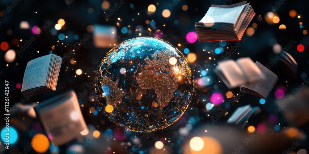 Poster a digital globe surrounded by floating books, symbolizing knowledge and global education.