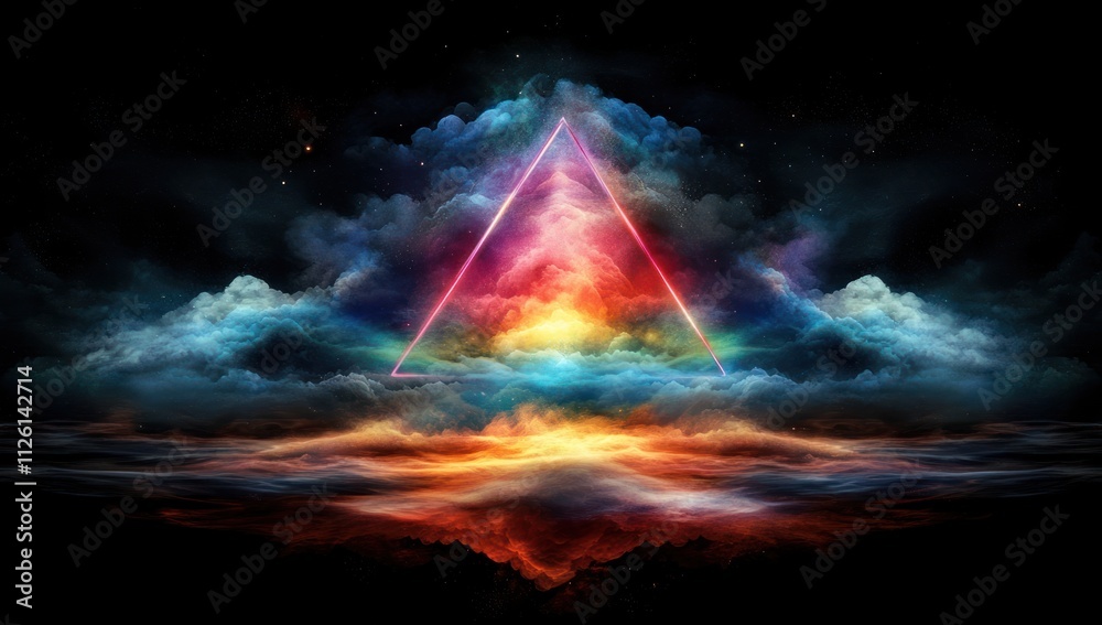Poster a vibrant cosmic scene featuring a glowing triangle amidst colorful clouds and waves.