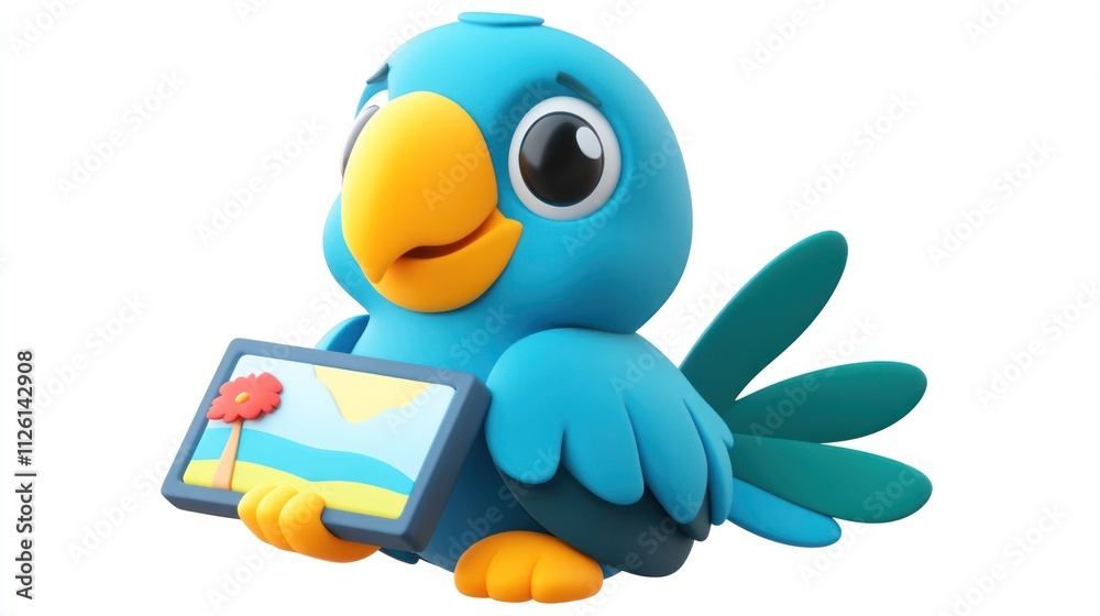 Poster a cheerful blue bird holding a tablet displaying a landscape image.