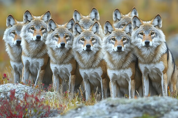 Obraz premium A pack of grey wolves standing together in a natural autumnal habitat.