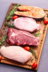 Mix of raw meat and fish . Salmon , beef , pork , chicken staek . Top view