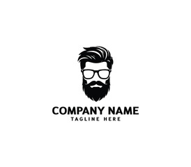 Vector bearded men face. Masculine beard and hair with glasses logo. Hipster man face logo design