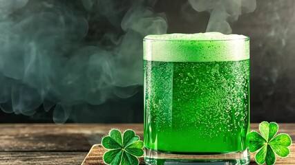 Steaming green beer with shamrocks on wooden board for st. patrick's day celebration. Happy St. Patrick's Day. Saint Patrick