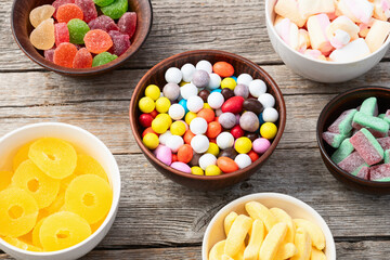 Mix of colorful candies . Top view