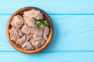 Canned tuna in bowl photography . Top view