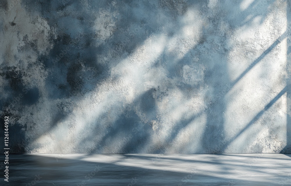 Poster a textured blue wall with shadows, creating a serene and modern atmosphere.