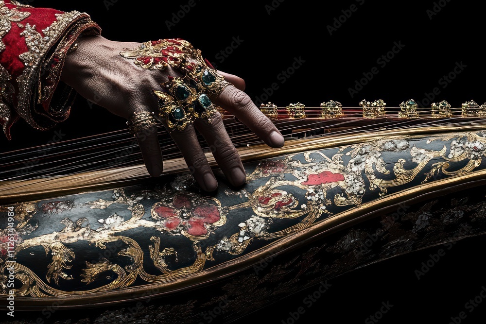 Poster a close-up of a hand adorned with rings playing a beautifully ornate string instrument.