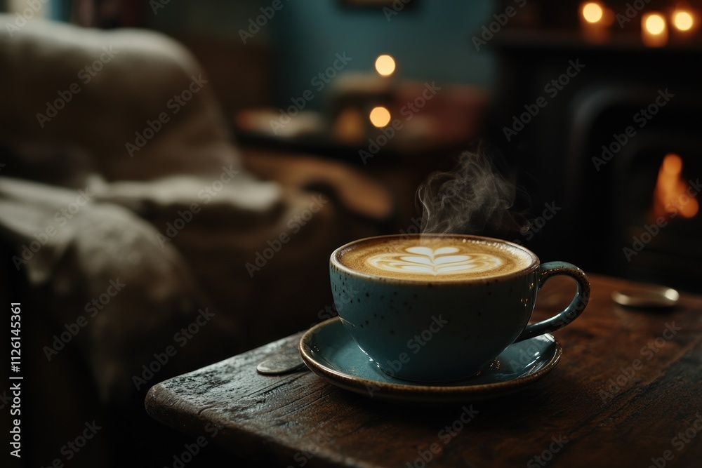 Poster a steaming cup of coffee with latte art on a rustic wooden table in a cozy setting.