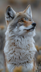 Naklejka premium Close-up portrait of a coyote with its head slightly tilted up, looking alert and majestic against a blurred background of desert plants.