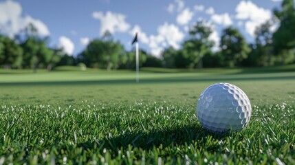 Obraz premium Golf Ball on Green Grass with Flag in Background