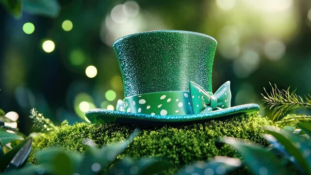 Glittery green leprechaun hat on mossy forest floor with sunlight and bokeh. Happy St. Patrick's Day. Saint Patrick