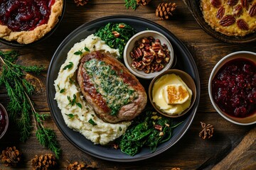 A festive meal featuring steak, mashed potatoes, greens, and desserts on a wooden table.