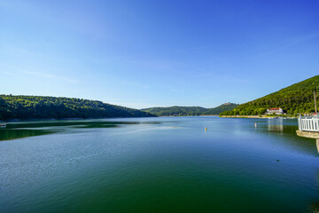 View of the Edersee and the surrounding nature at the lake. Eder Dam in Edertal.
