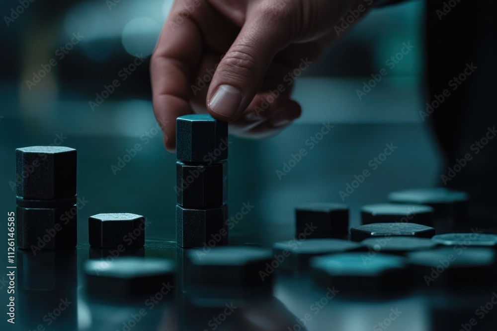 Aufkleber A hand stacking hexagonal blocks on a reflective surface, showcasing focus and precision.
