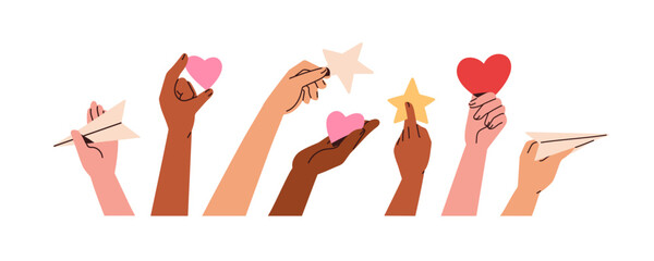 Hands holding heart, star, paper plane. Showing love and like, ranking and rating, message symbols. Giving feedback, sharing opinion, reviewing. Flat vector illustration isolated on white background