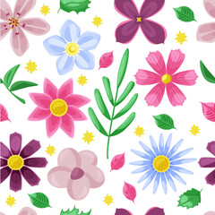 Seamless floral pattern. Set of wild and garden flowers. Chamomile, daisy, lilac, plumeria, cosmos flower, lobelia flower, forget-me-not flower, lotus, lilawadee flower, lily. 