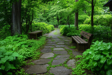 Naklejka premium A minimalist garden with stone paths, wooden benches, and lush greenery.