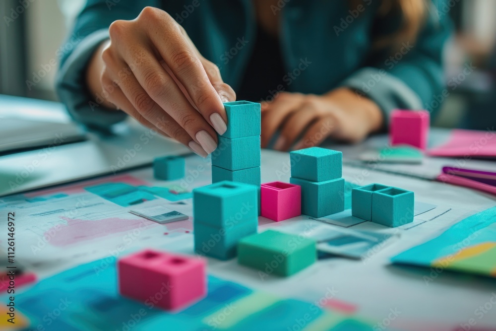 Poster A person arranging colorful blocks on a table, symbolizing data analysis or project planning.
