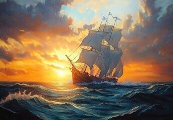 Obraz premium Sailing ship on the sea, sunset, oil painting, oil color palette