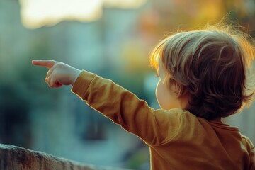 Curious Child Pointing Towards the Horizon in a Warm Autumn Setting with Soft Sunlight