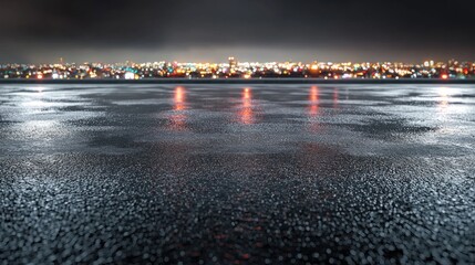 Night Cityscape: Wet Asphalt Reflecting Urban Lights