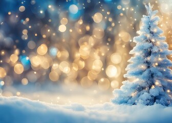 Christmas New Year winter Bokeh background with blue and golden lights in snow New Year festive background