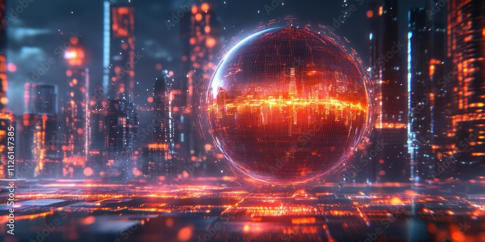 Aufkleber a futuristic cityscape with a glowing orb in a digital environment.