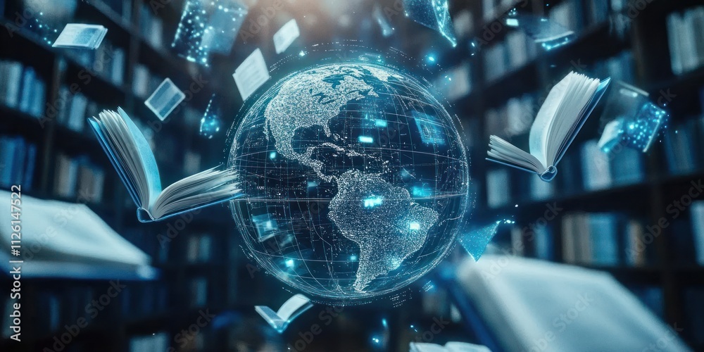 Poster a digital globe surrounded by floating books, symbolizing knowledge and global connectivity.
