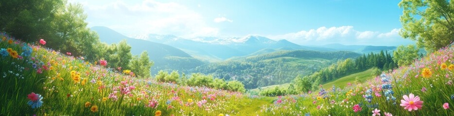 Obraz premium A vibrant landscape featuring a colorful meadow with mountains and a clear blue sky.