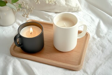 A flat lay of minimalist Scandinavian decor: a candle, a wooden tray, and a cup of coffee