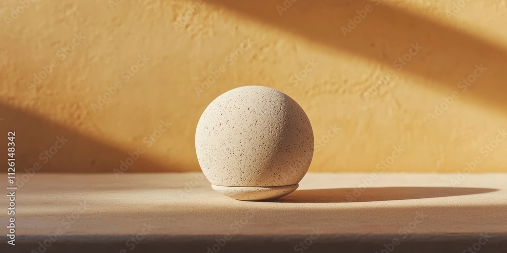 Poster a smooth, textured sphere on a minimalist surface, casting a soft shadow against a warm wall.