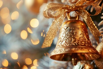 Golden New Year bell with ribbon detail, isolated on white background, traditional and festive