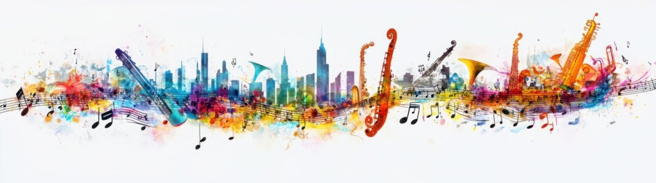 A colorful skyline blended with musical instruments and notes, celebrating music and city life.