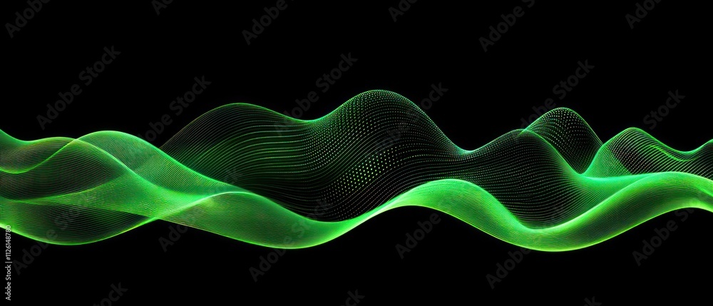 Poster Abstract green wave patterns on a black background, symbolizing sound or data visualization.