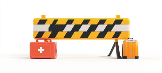 A construction barrier with a first aid kit and two suitcases, indicating travel safety.