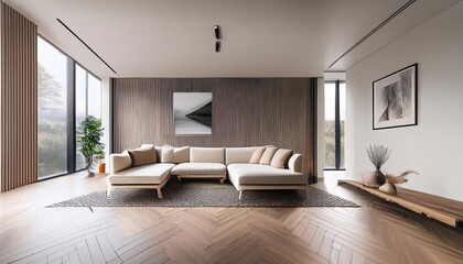 Fototapeta premium Minimalist living room with a beige sofa, herringbone floor, large windows, and a black-and-white architectural photo on the wall