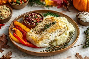 A plated meal featuring fish, mashed potatoes, and colorful vegetables, perfect for a festive setting.