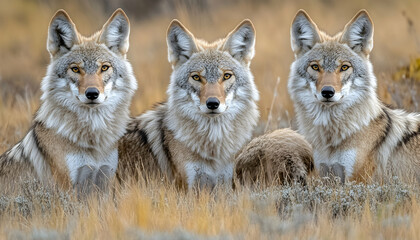 Three coyotes sitting in tall grass, looking directly at the camera.